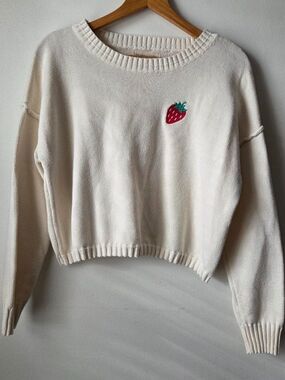 EUC HAPPILY GREY CREAM COTTON BLEND STRAWBERRY EMBROIDERED SWEATER M
